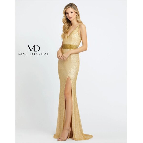 Mac Duggal 1070D Gold Evening Gown Women Size 2 Beaded Floor Length Prom Pageant - Picture 1 of 16